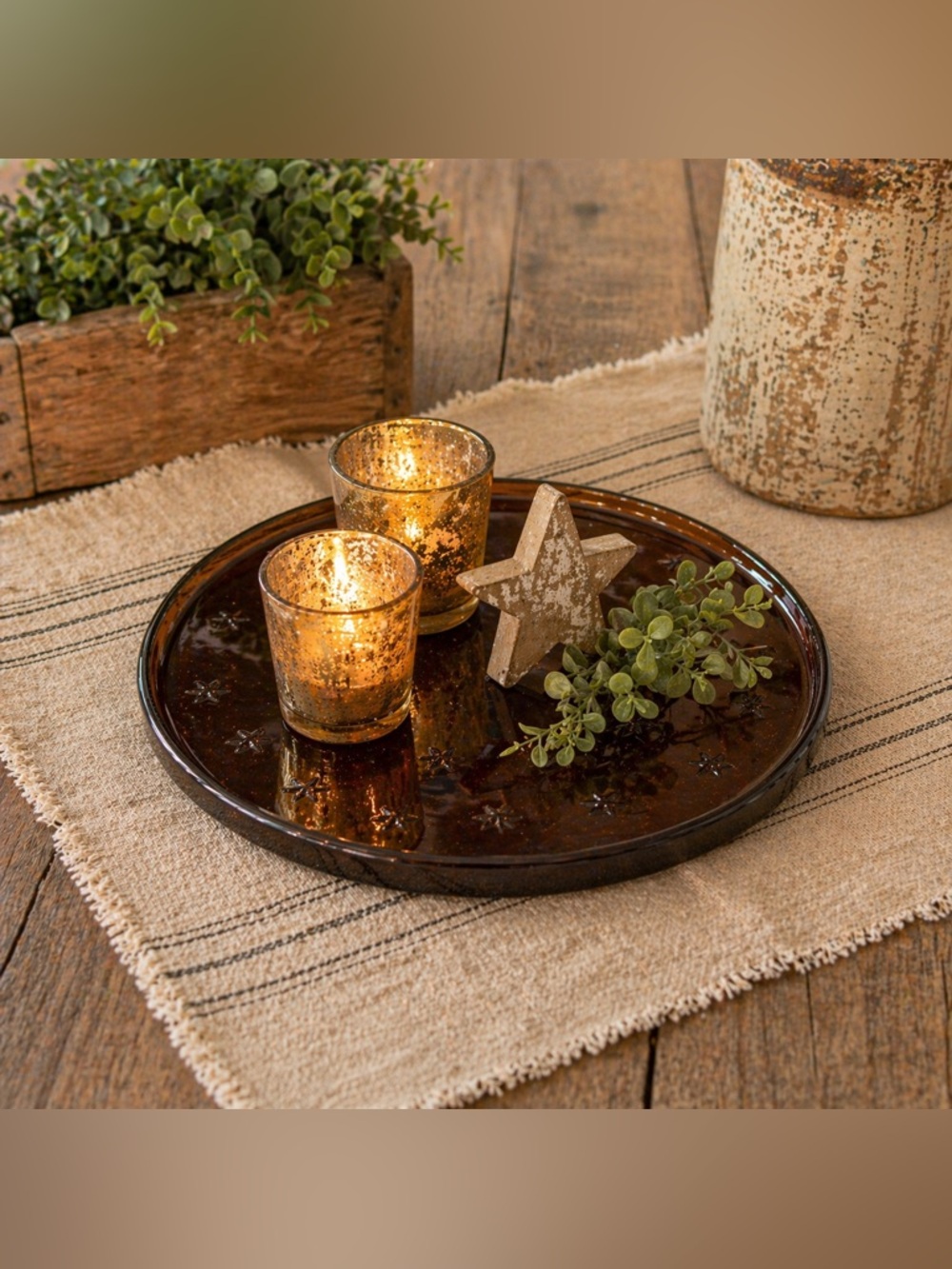 Starlight Brown Bottle Amber Glass Candle Plate 7.5” Rustic Serving Tray